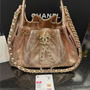 Chanel 26C Metallic Rose Gold Quilted Caviar Mini 25  Bag